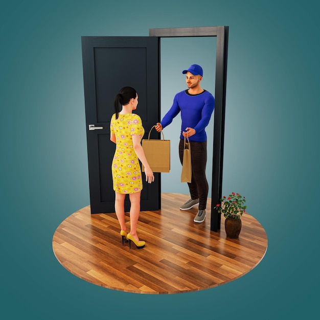 Woman in Yellow Dress Receiving two Paper Packets from deliveryman at the door on podium Top view