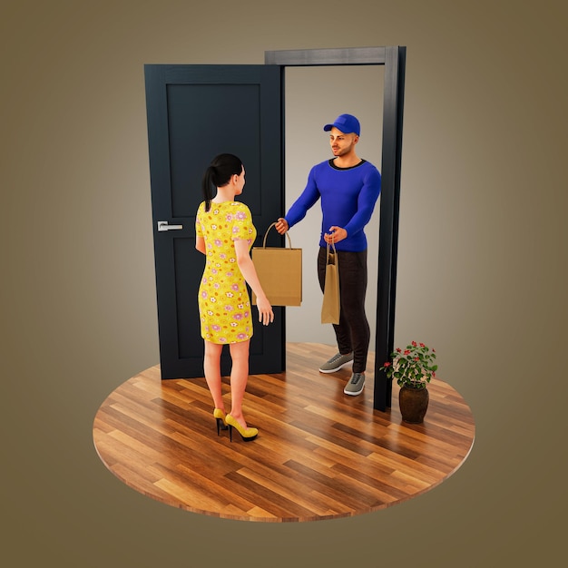 Woman in Yellow Dress Receiving two Paper Packets from deliveryman at the door on podium Top view