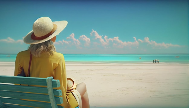 A woman in a yellow dress sits on a chair on the beach and looks out to sea.