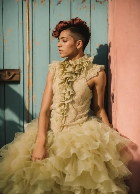 a woman in a yellow dress sits in front of a door