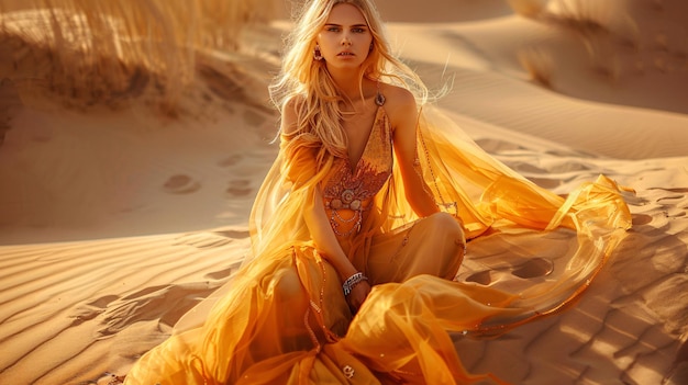 Photo a woman in a yellow dress sits in the sand