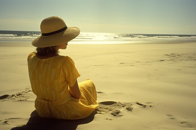 Woman in yellow dress sitting on the beach