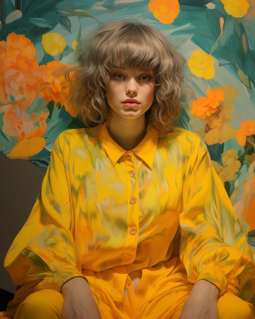 a woman in a yellow dress sitting on a chair