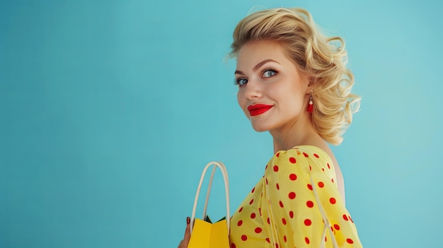 Woman in yellow dress smiling holding yellow shopping bag in hand