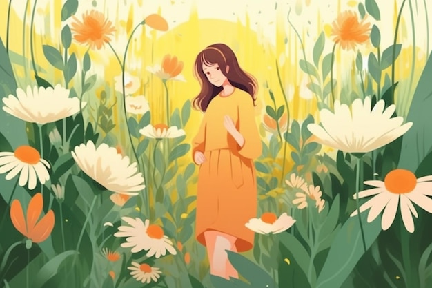 A woman in a yellow dress standing in a field of flowers generative ai