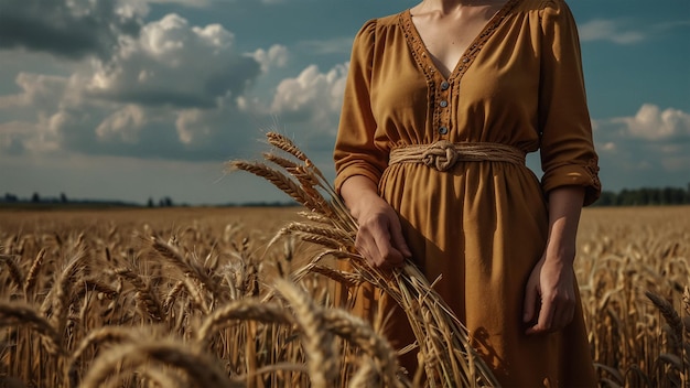 a woman in a yellow dress stands in a field of wheat