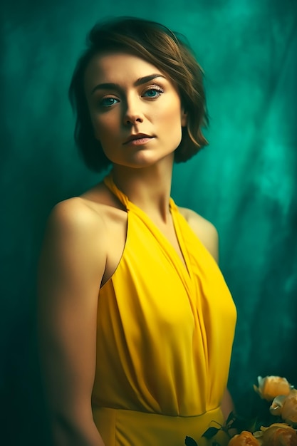 A woman in a yellow dress stands in front of a green background.