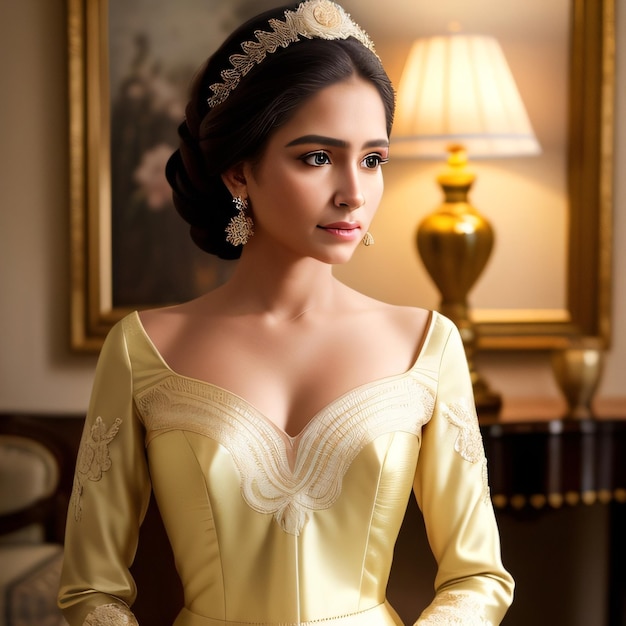 A woman in a yellow dress stands in front of a lamp and a lamp.