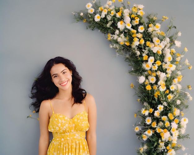 A woman in a yellow dress stands in front of a large floral arch.