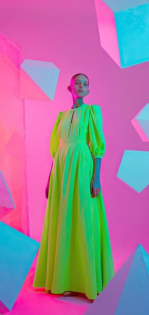 Photo a woman in a yellow dress stands in front of a pink wall