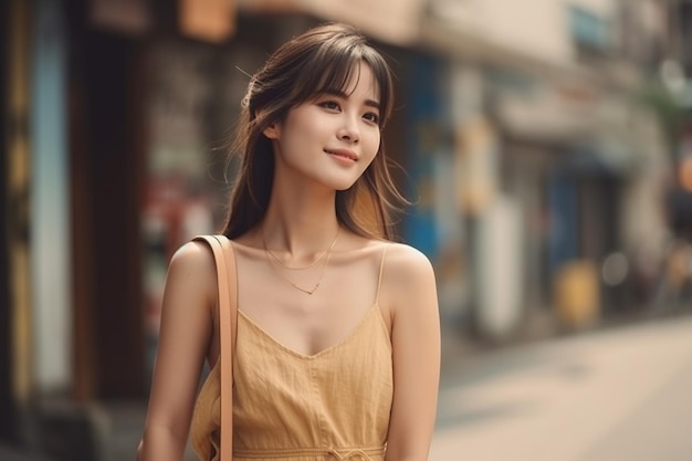 A woman in a yellow dress stands on a street in front of a store.