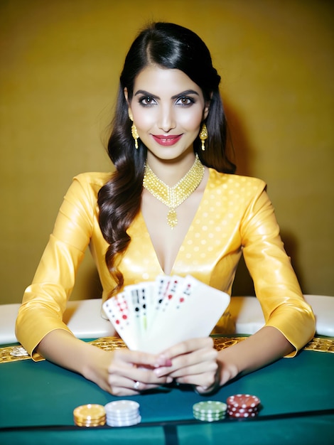 a woman in a yellow dress with a card that says shes holding a card