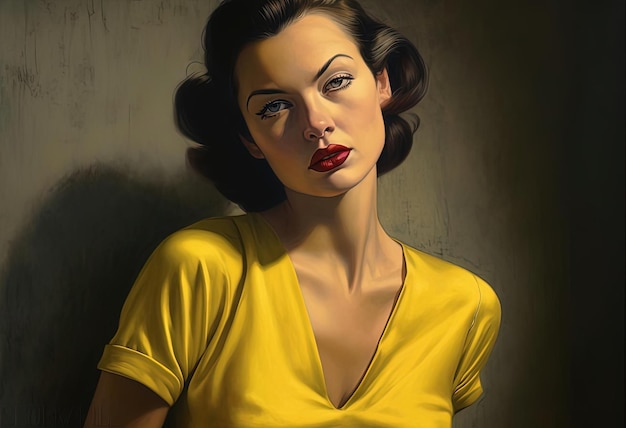 woman in yellow dress with dark lipstick