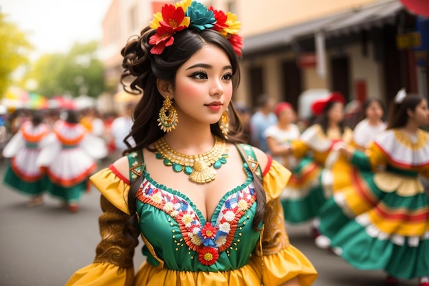 a woman in a yellow dress with a flower on her head is walking in the street