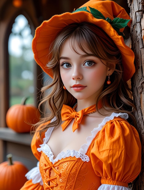 Photo a woman in a yellow dress with a pumpkin on the front