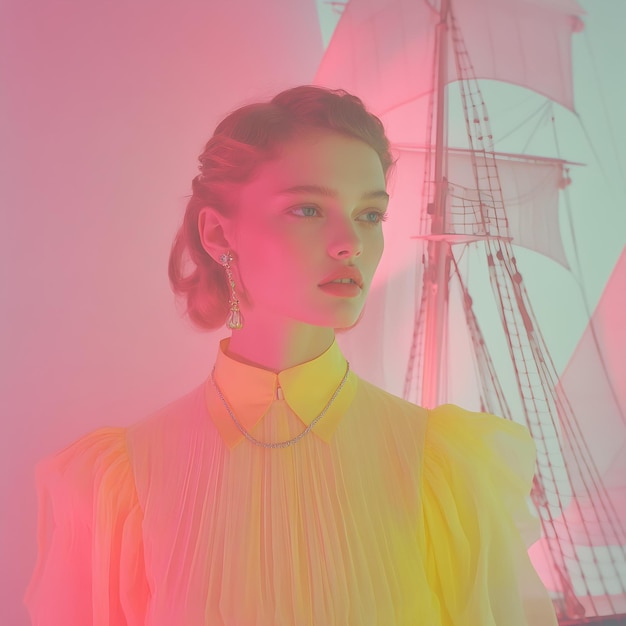 A woman in a yellow dress with a red light behind her