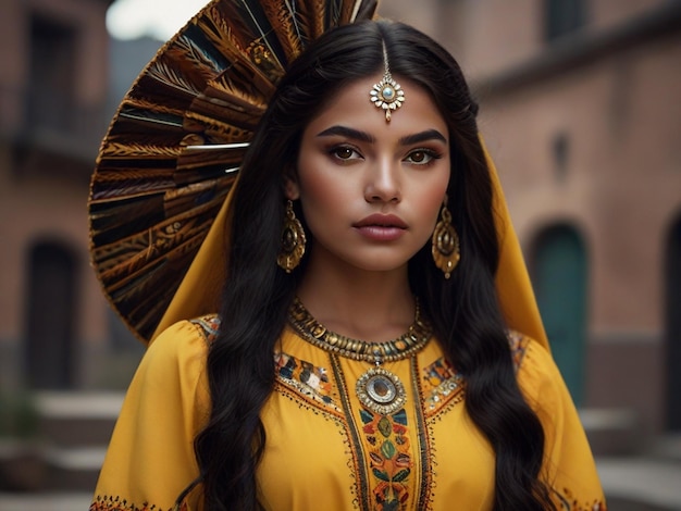 a woman in a yellow dress with a traditional headdress and a traditional headdress