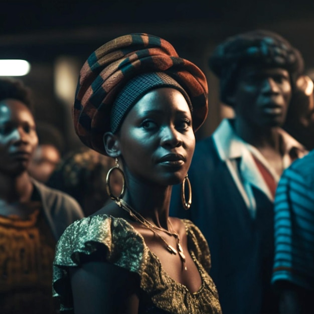 A woman in a yellow and green dress stands in a crowd.