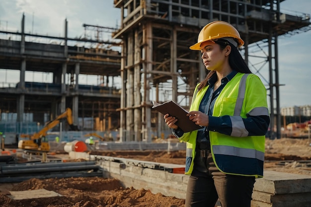 a woman in a yellow hard hat is looking at a tablet