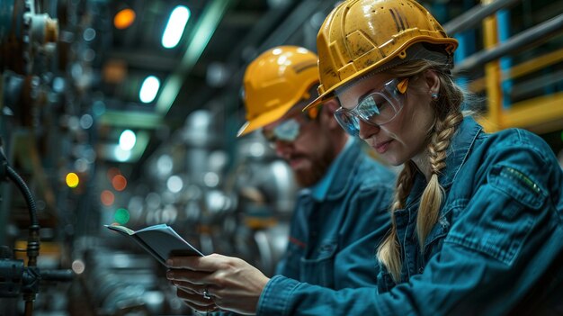 a woman in a yellow hard hat is reading a book