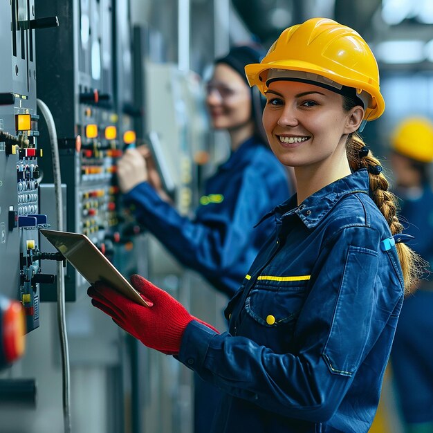 a woman in a yellow hard hat is smiling at a machine that says quot she is working quot