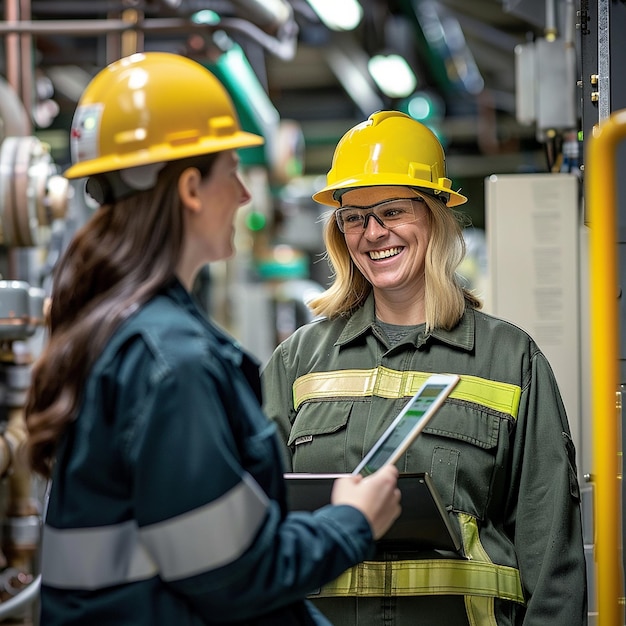 a woman in a yellow hard hat is talking to a man in a yellow hard hat