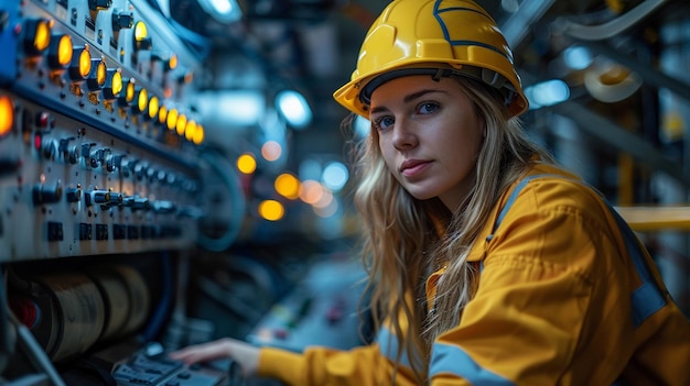 a woman in a yellow hard hat is typing on a laptop in a factory