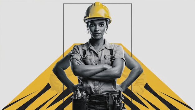 a woman in a yellow hard hat stands in front of a black and yellow poster that says quot shes a sol