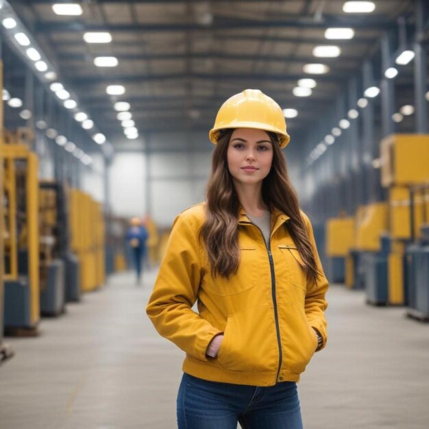 a woman in a yellow hard hat stands in a warehouse