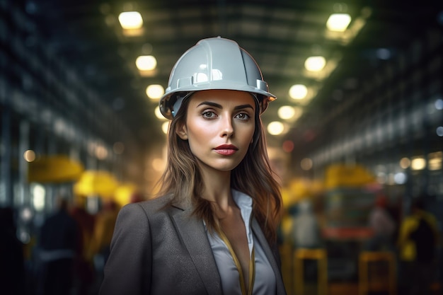 A woman in a yellow hard hat stands in a warehouse