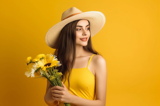 A woman in a yellow hat holds a bouquet of flowers.