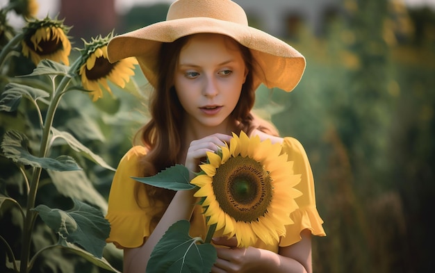 A woman in a yellow hat holds a sunflower in a field