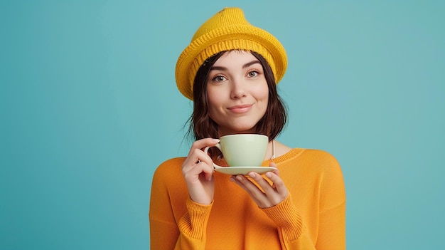 a woman in a yellow hat holds a tea cup and a tea cup