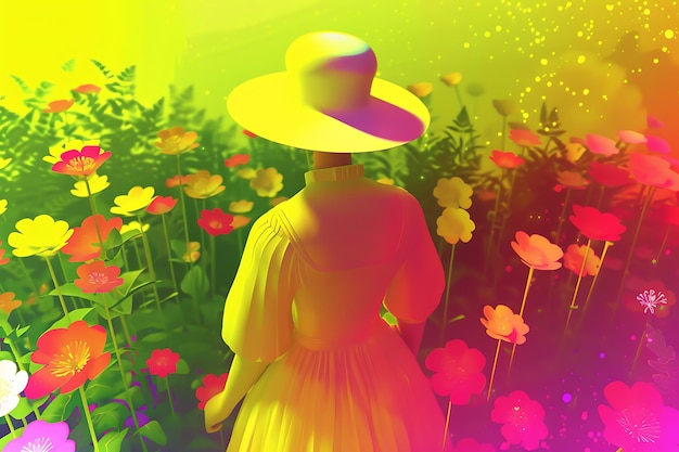 a woman in a yellow hat stands in front of a field of flowers