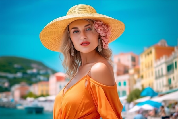 A woman in a yellow hat stands in front of a harbor and wears a pink flower.