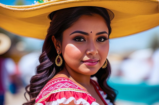 A woman in a yellow hat and a yellow hat stands in front of a beach.