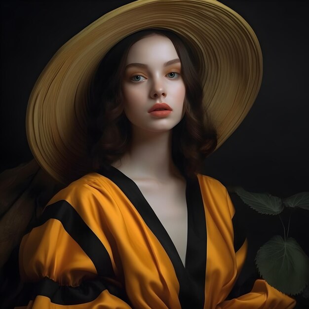 A woman in a yellow hat and a yellow robe with a black background.