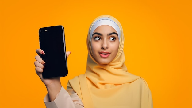 A woman in a yellow hijab holds up a tablet with the screen open.