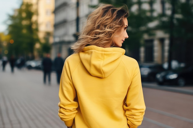 Woman In Yellow Hoodie On The Street Back View Mockup