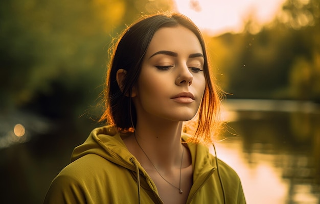 A woman in a yellow hoodie with her eyes closed and her eyes closed