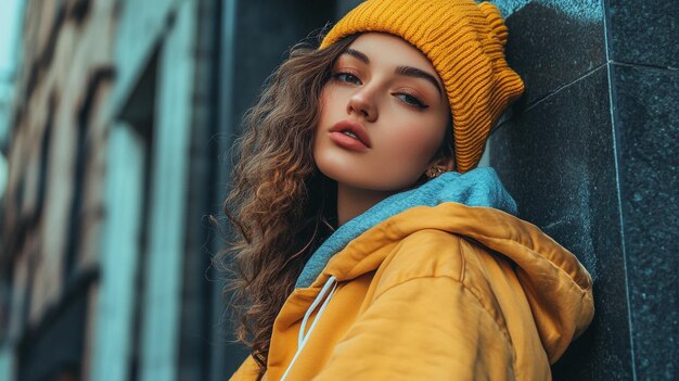 a woman in a yellow jacket and hat with a blue and yellow jacket