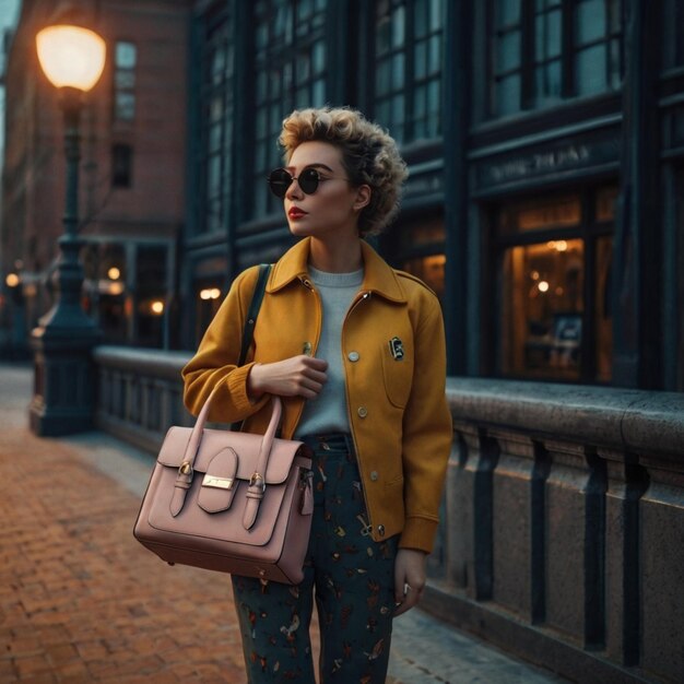 a woman in a yellow jacket is standing on a sidewalk