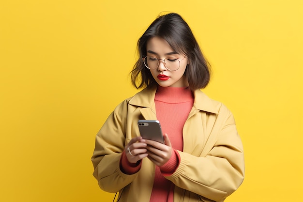 A woman in a yellow jacket is using a phone