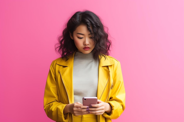 A woman in a yellow jacket is using a phone