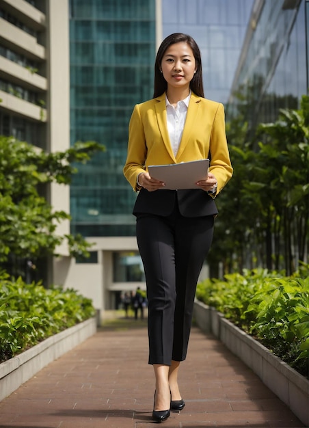 a woman in a yellow jacket is walking on a path with a laptop