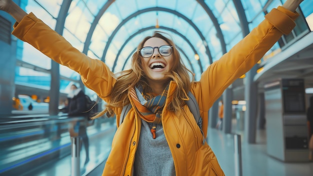 A woman in a yellow jacket laughs with joy and raises her arms in the air at an airport terminal