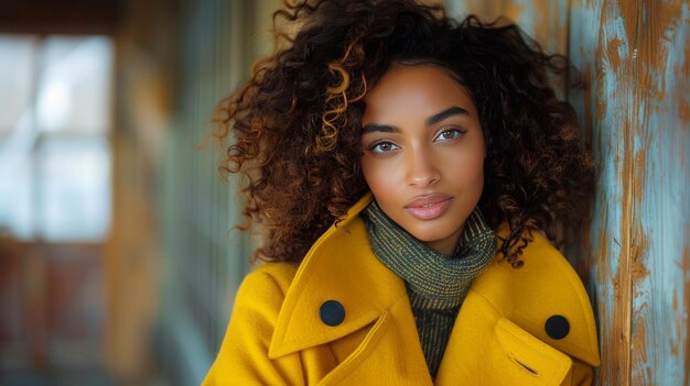 Woman in Yellow Jacket Leaning Against Blue Wall