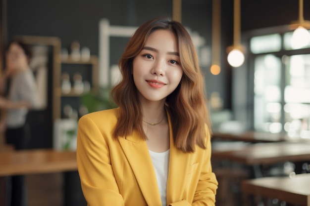 A woman in a yellow jacket stands in a cafe and smiles.