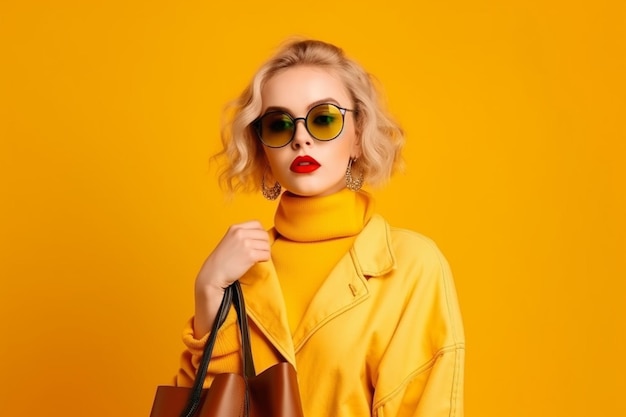 A woman in a yellow jacket and sunglasses holds a brown leather handbag.