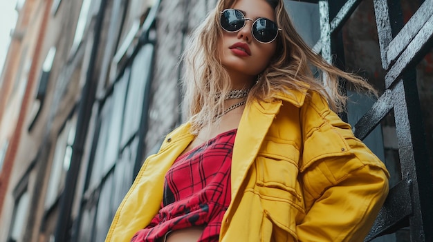 a woman in a yellow jacket and sunglasses stands in front of a building